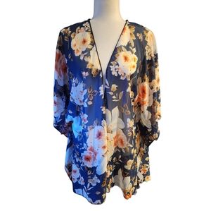 Emory Park Floral Kimono Cardigan 2X Sheer Navy Blue Boho Open Front